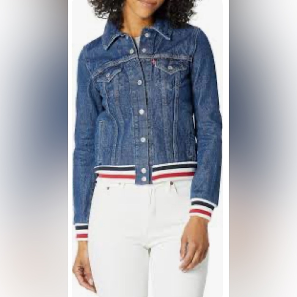 Levi’s Women Trucker Varsity Denim Jacket Size Large Dark Wash